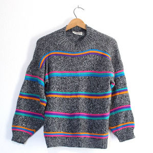 Vintage Charcoal Sweater with Colorful Stripes